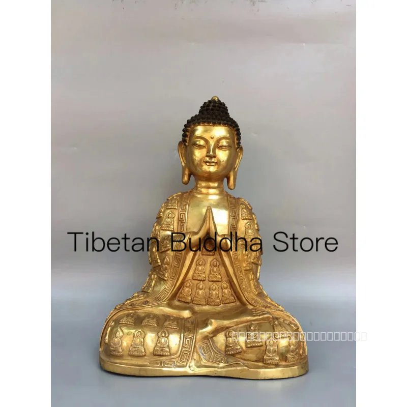 

42cm Tibetan Old Yellow Copper Gilded Gold Pure Copper Ten Thousand Buddhas Great Sun Tathagata Buddha Shakyamuni Ornament