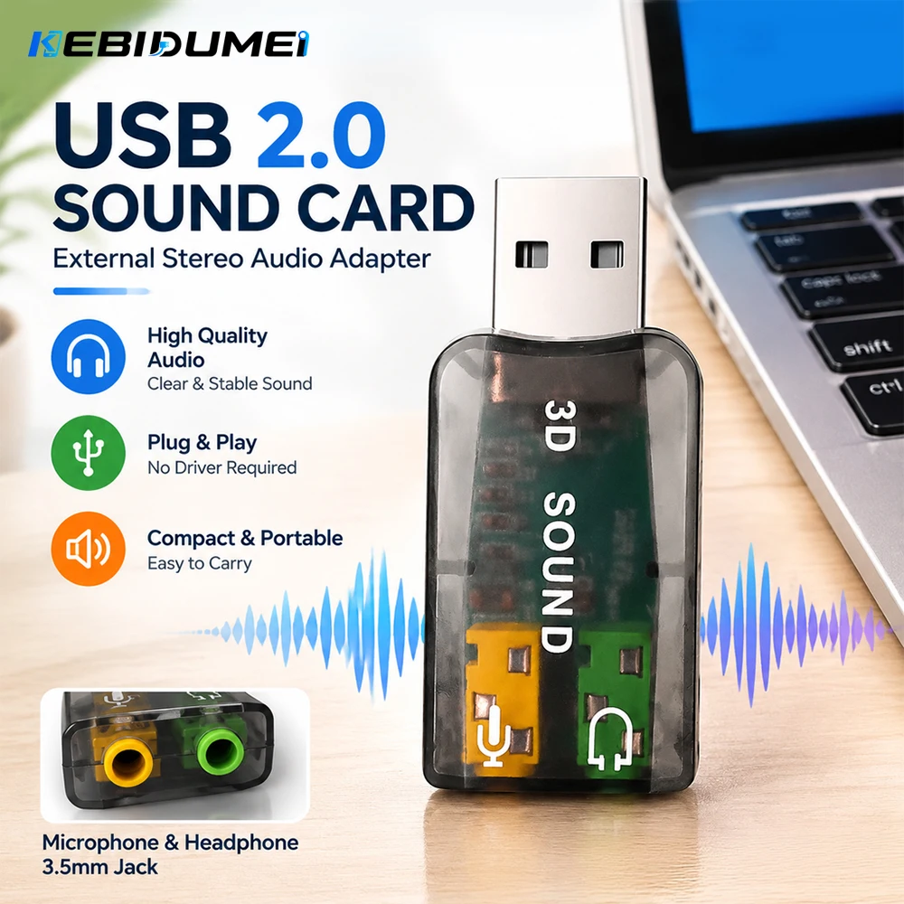 KEBIDUMEI External USB Sound Card Mini Sound Card USB to 3.5mm Interface HiFi Stereo Audio Adapter for Speaker Laptop Headsets