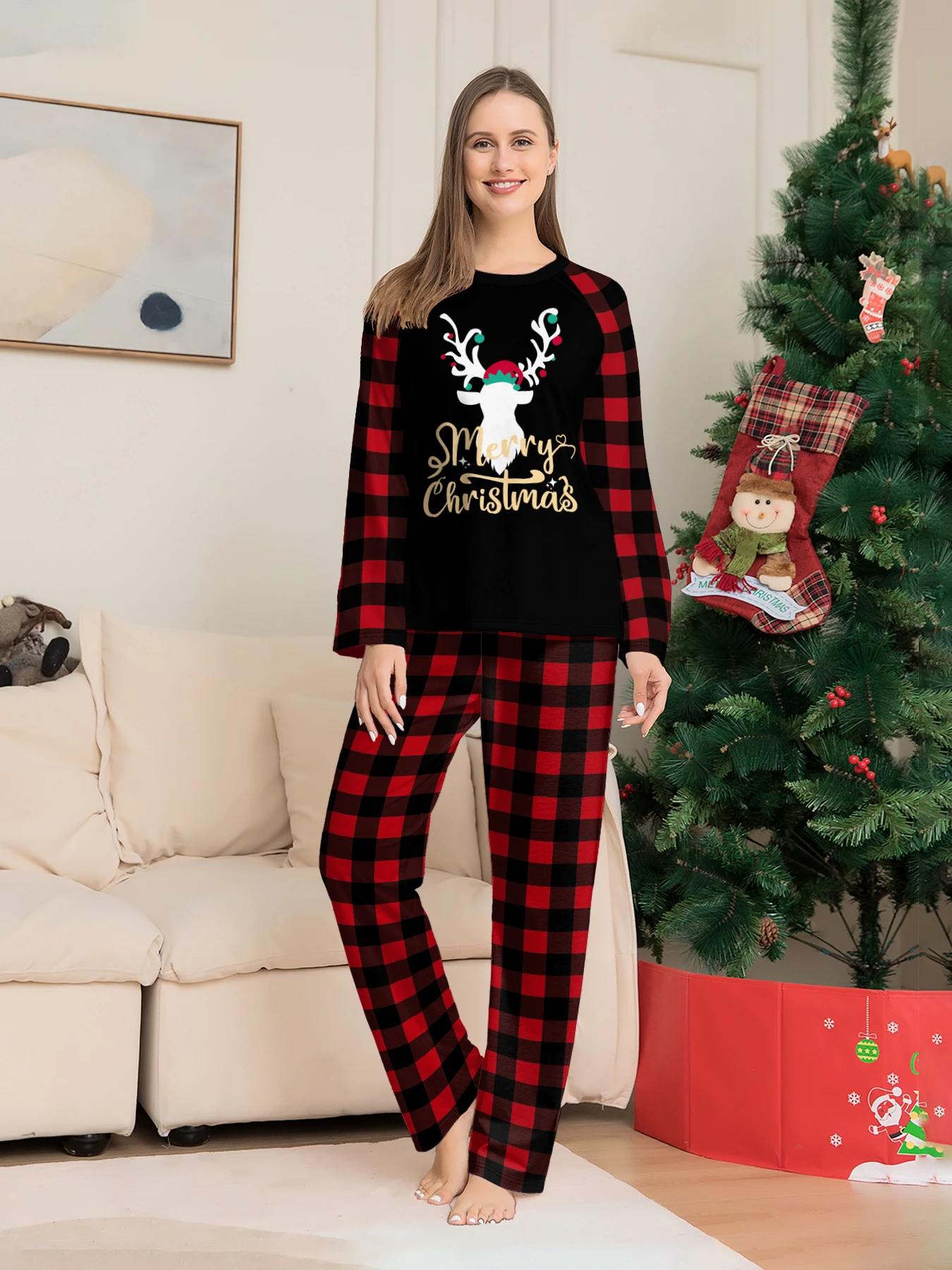 Christmas Couple Pajamas Set: Black Tops with Reindeer & 'Merry Christmas' Print, Red - Black Plaid Pants