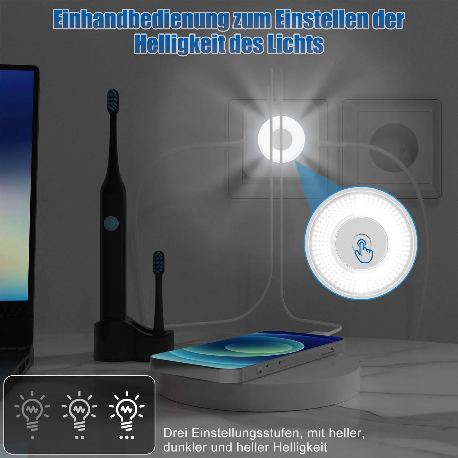 EU Power Strip Cube Multi Plug with 2 USB-A Type C Electrical Outlet Wall Socket with Night Light 3680W for Home Office