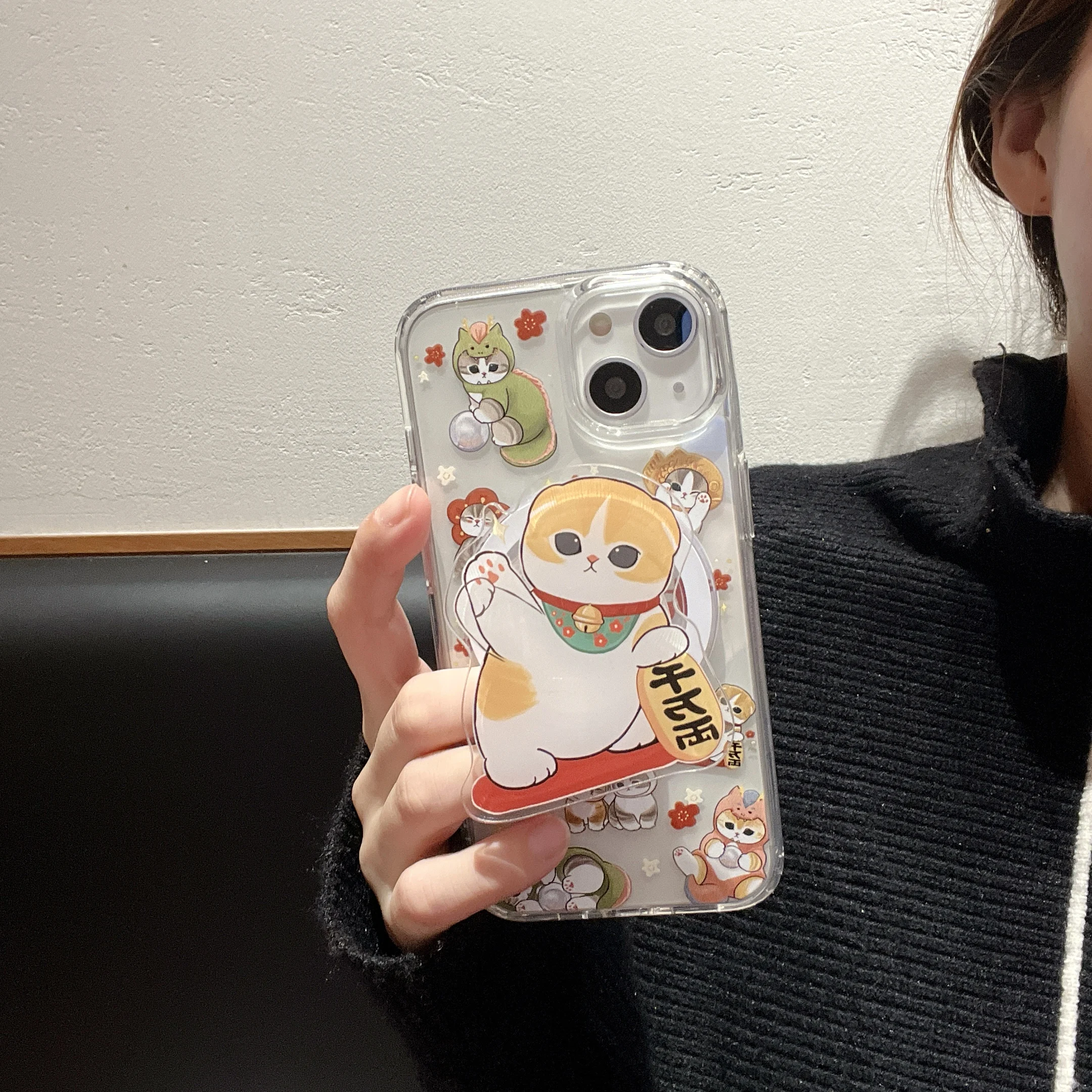 Cartoon Cute Cat for Magsafe Magnetic Bracket Phone Case for IPhone 15 14 13 12 11 Pro Max Anti-fall Back Cover Funda