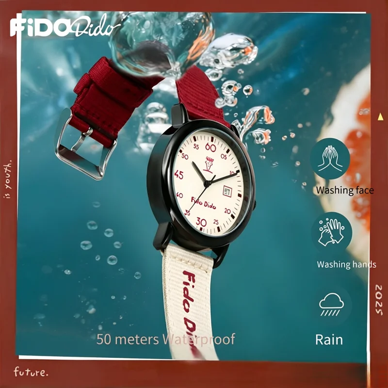 Fido Dido Original Teen Quartz Watch 50M Waterproof Calendar Nylon Strap Preppy Campus Casual Analog Wristwatch for Boys Girls