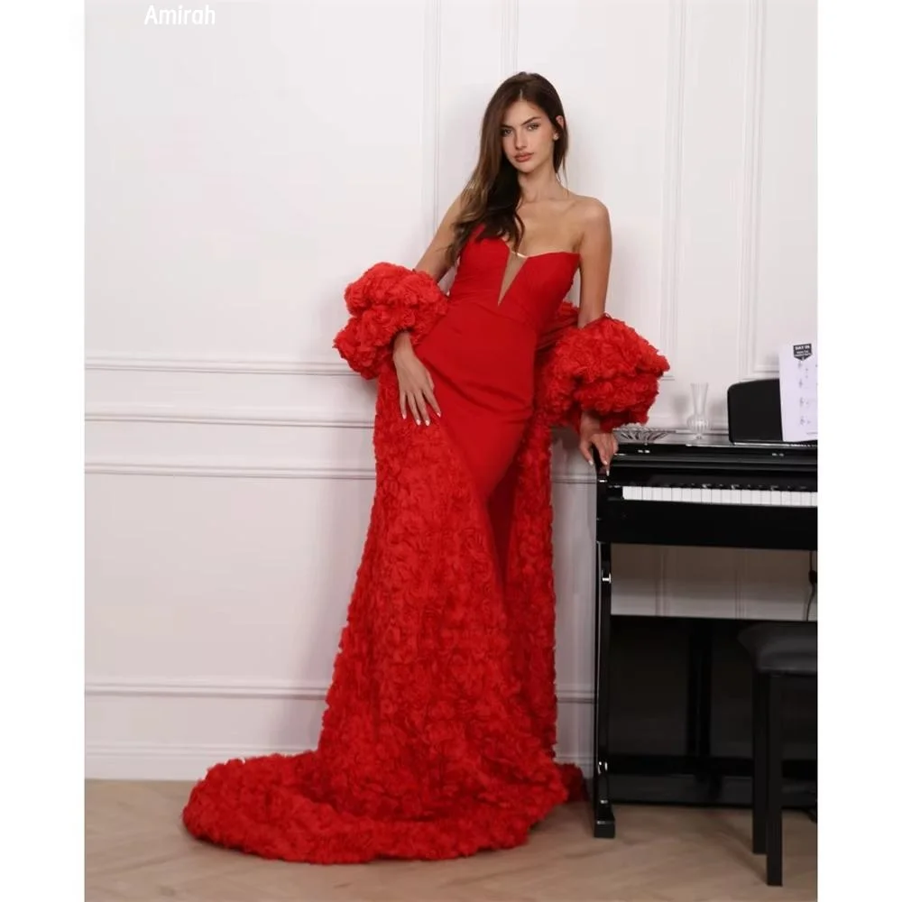 Amirah sur mesure robes d'occasion sur mesure pour les Occasions spéciales robe de soirée cape rouge fleurs 3D robe de Gala longue queue de poisson