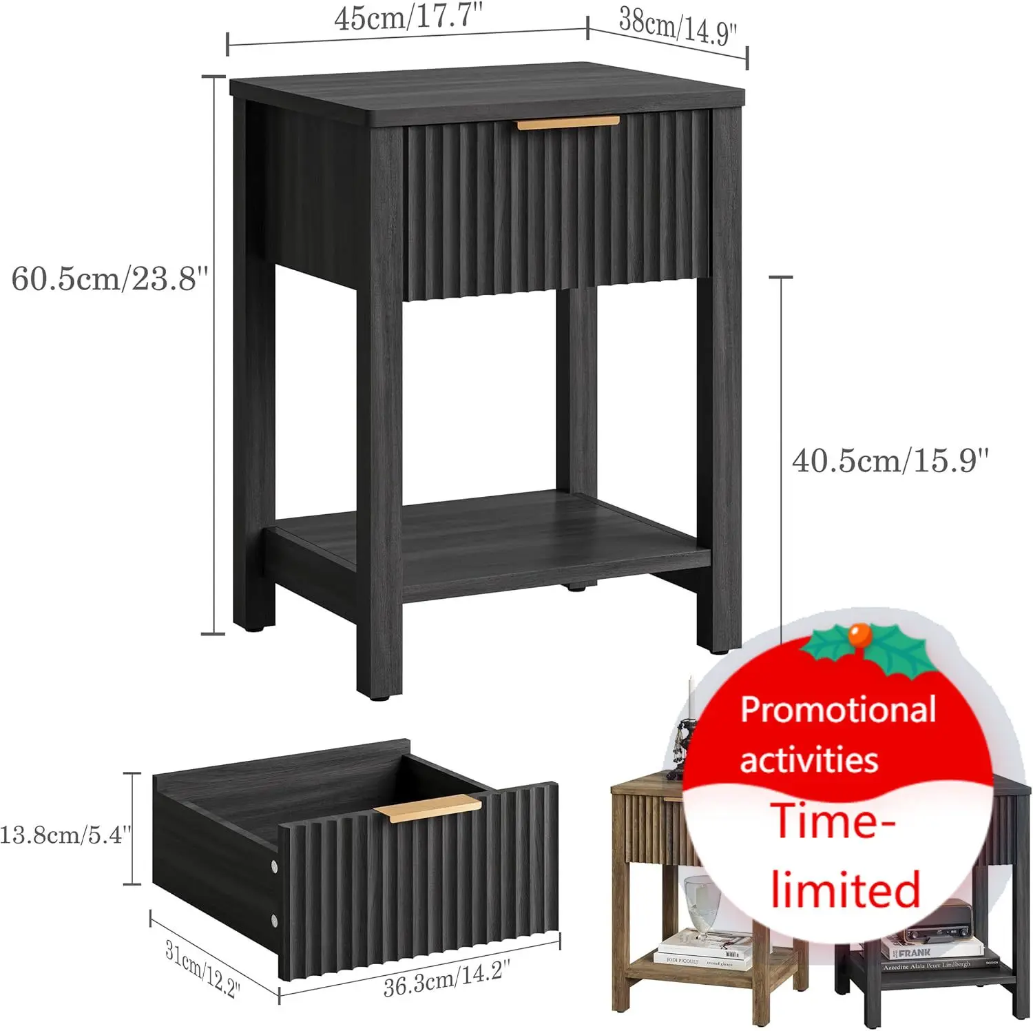

Fluted Nightstand with Drawer, Modern Beside Table with Open Shelf, Wood Black Night Stand, Large Side Table, Curved Edge, End T