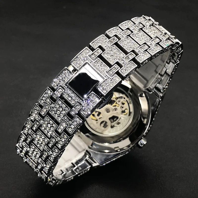 Iced Out Automatic Watch For Men Hip Hop Style Luxury Fully Diamond Watches Fashion Silver Skeleton Tourbillon Mechanical Clock