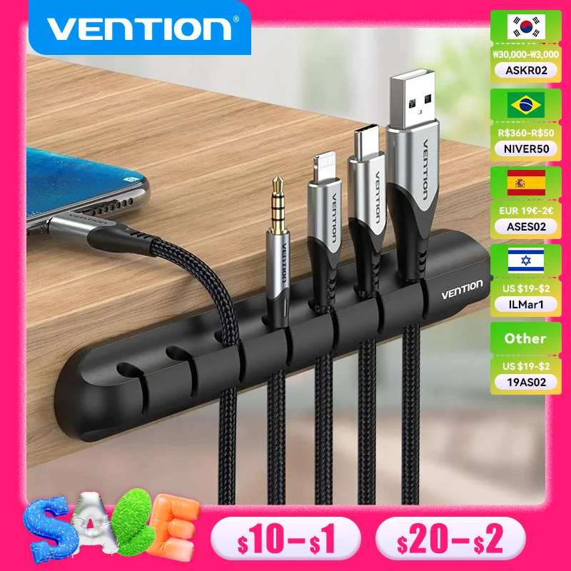 Vention Cable Organizer Silicone Plug Box USB Cable Winder Car Management Clips for Data Headphone Mouse Flexible Wire Organizer