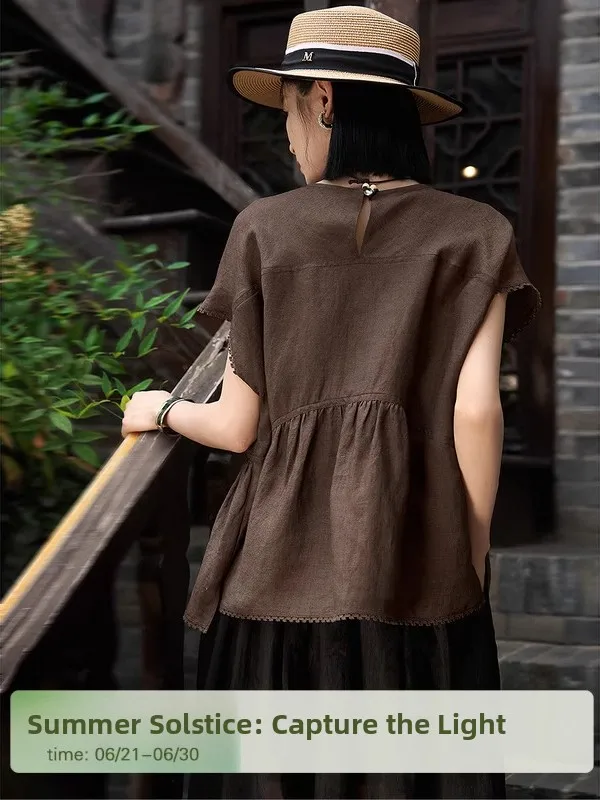 سترة نسائية صيفية جديدة موديل 2025 من القطن والكتان فضفاضة تناسب لون نقي مزخرفة بالدانتيل علوية للتخسيس مقاس كبير #2