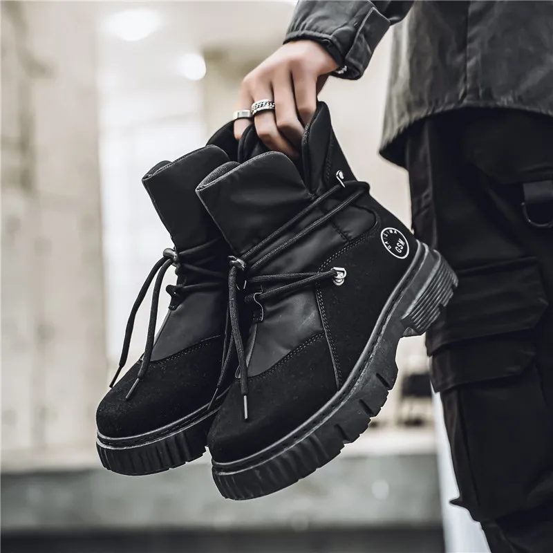 

Winter Men's Black Boots Waterproof Bread Cotton Boots Lace-up High Top Casual Boot Men Designer Comfortable Leather Ankle Boots