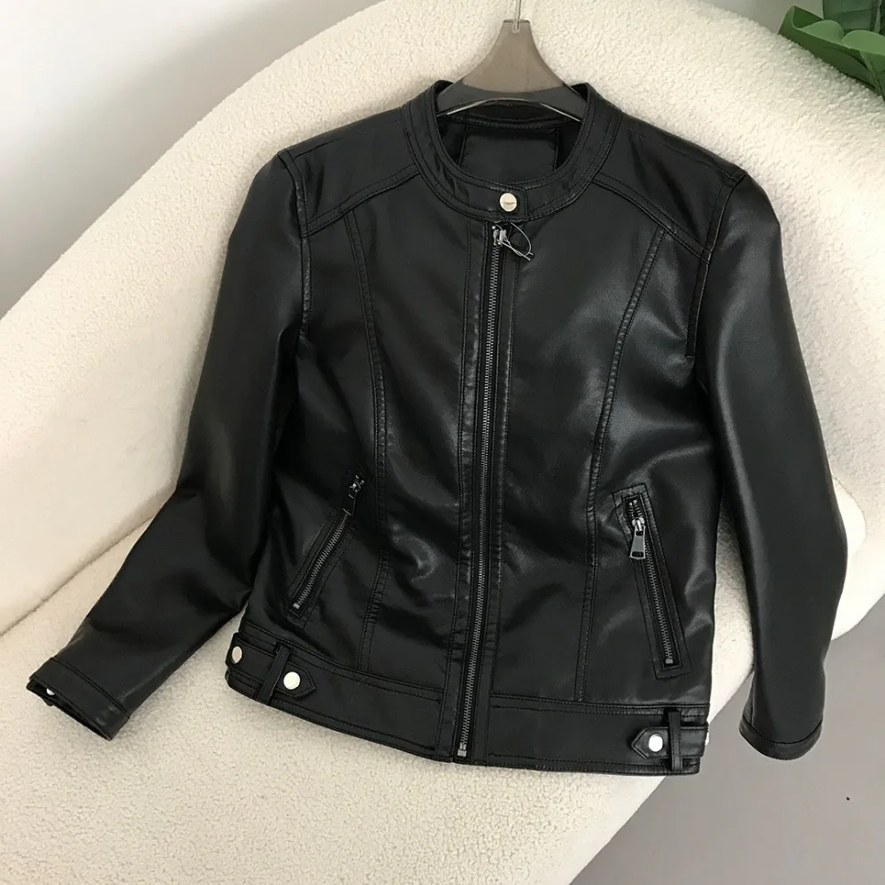 PU Leather Jacket 2024 Spring Autumn Style Round Neck Casual Fashion Slim Versatile Trendy Motorcycle Faux Leather Jacket Women