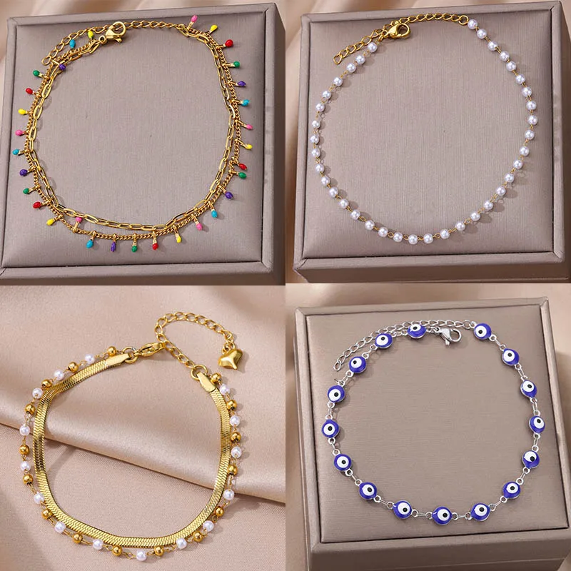 Tobilleras de acero inoxidable con perlas de imitación de mal de ojo para Mujer, pulsera de pierna, accesorios de joyería de verano Boho