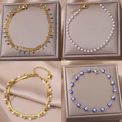 Bracelets de cheville en acier inoxydable pour femmes, motif mauvais œil, bracelet de cheville en perles, style boho, bijoux d'été, accessoires pour femmes