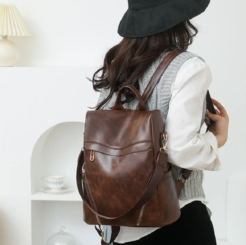2025 New Korean Fashion Large Capacity Travel Backpacks Women's Soft Leather Anti Theft Shoulder Bags Totes Notebook School Bag
