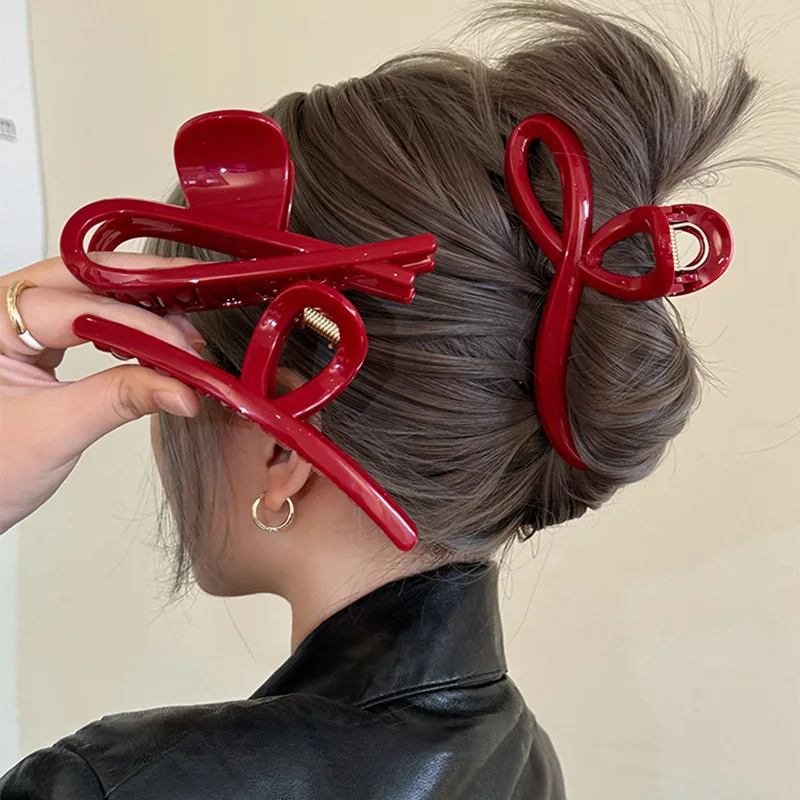 مخالب شعر أكريليك حمراء للنساء ، مجوفة ، مقوسة ، متقاطعة ، هندسية ، رأس خلفي ، مخلب قرش ، مشبك عتيق ، إكسسوارات #2