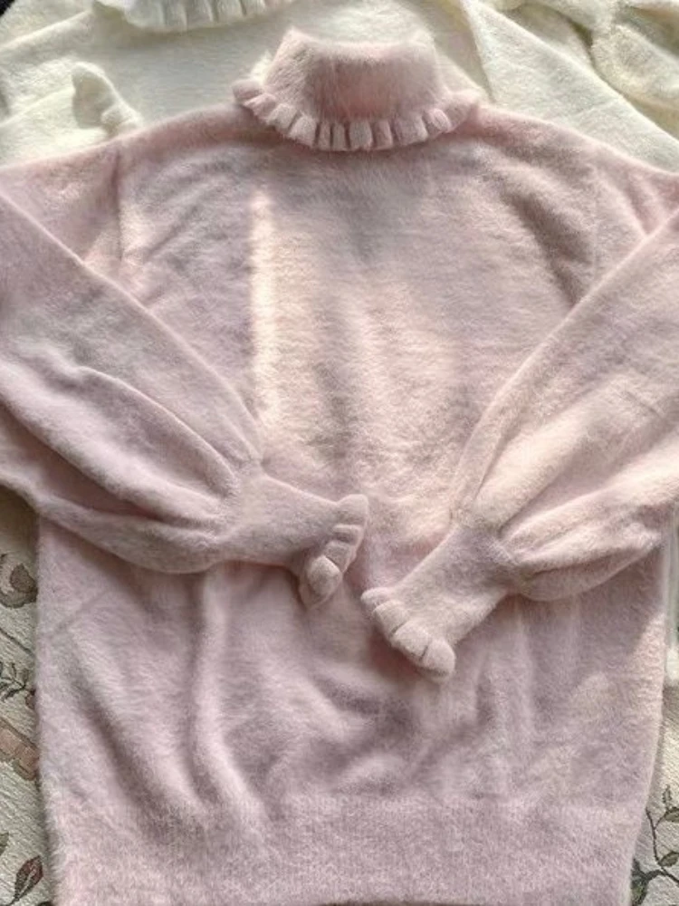 KOSAHIKI Soft Basic Pullover Women Japanese Ruffle Turtleneck Puff Sleeve Sweater Jk Lolita Inside Jumper Fairy Sueter Top