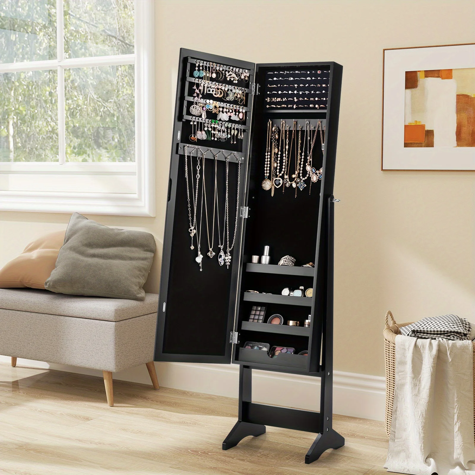 

Freestanding Jewelry Cabinet with Full-Length Mirror - Armoire with 3 Adjustable Tilting Angles, 20 Necklace Hooks