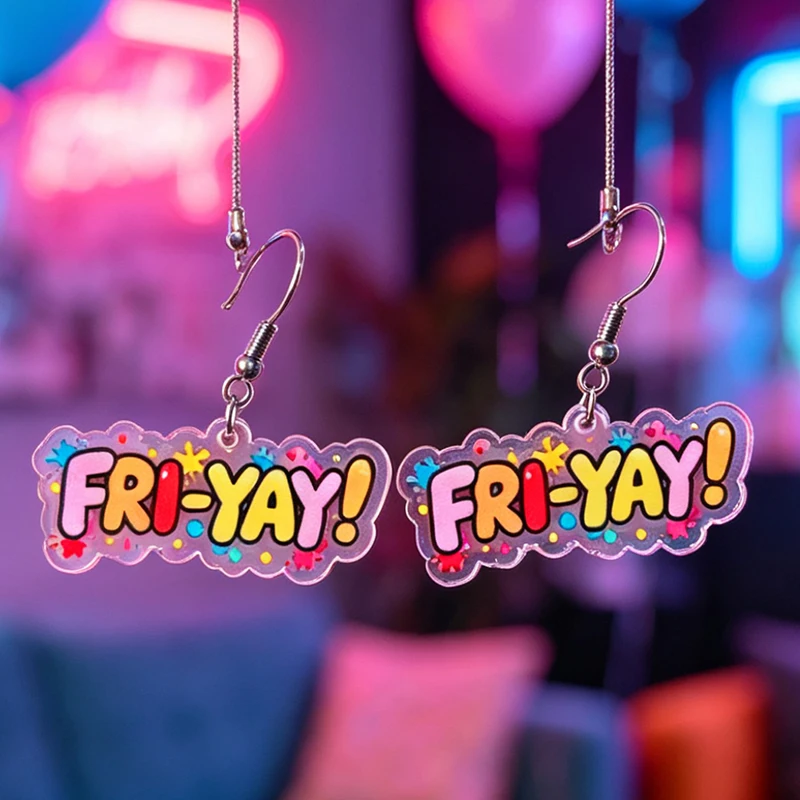 'FRI YAY!' Acrylic Earrings Thank goodness it's Friday today Colorful Confetti Style Stainless Steel Hook Fun Friday Earrings