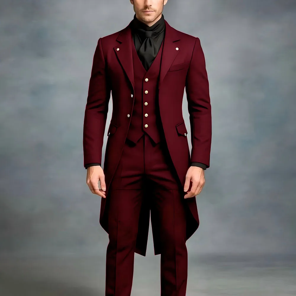 Men Black Long Tailcoat 3‑Pieces Wedding Groom Tuxedo Suit Separates Formal Prom Party Blazer Vest Pants Wedding Outfit
