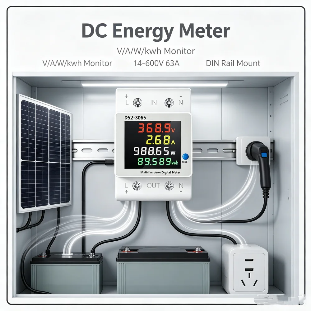 Dc 14-600v 63a 37800w Rail Multifunctional  Four In One Dc Energy Meter Lcd Digital Display Voltage Current Power Meter