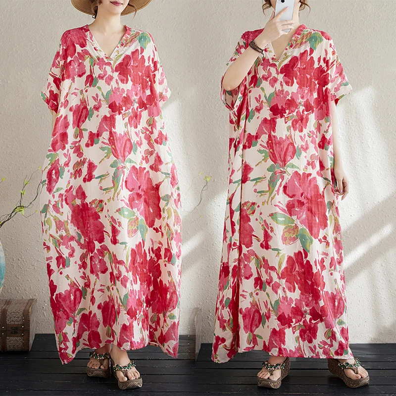 

Новая летняя хлопково-льняная свободная юбка с v-образным вырезом и принтом больших размеров, простая праздничная длинная женская пляжная юбка с тонким красным цветком