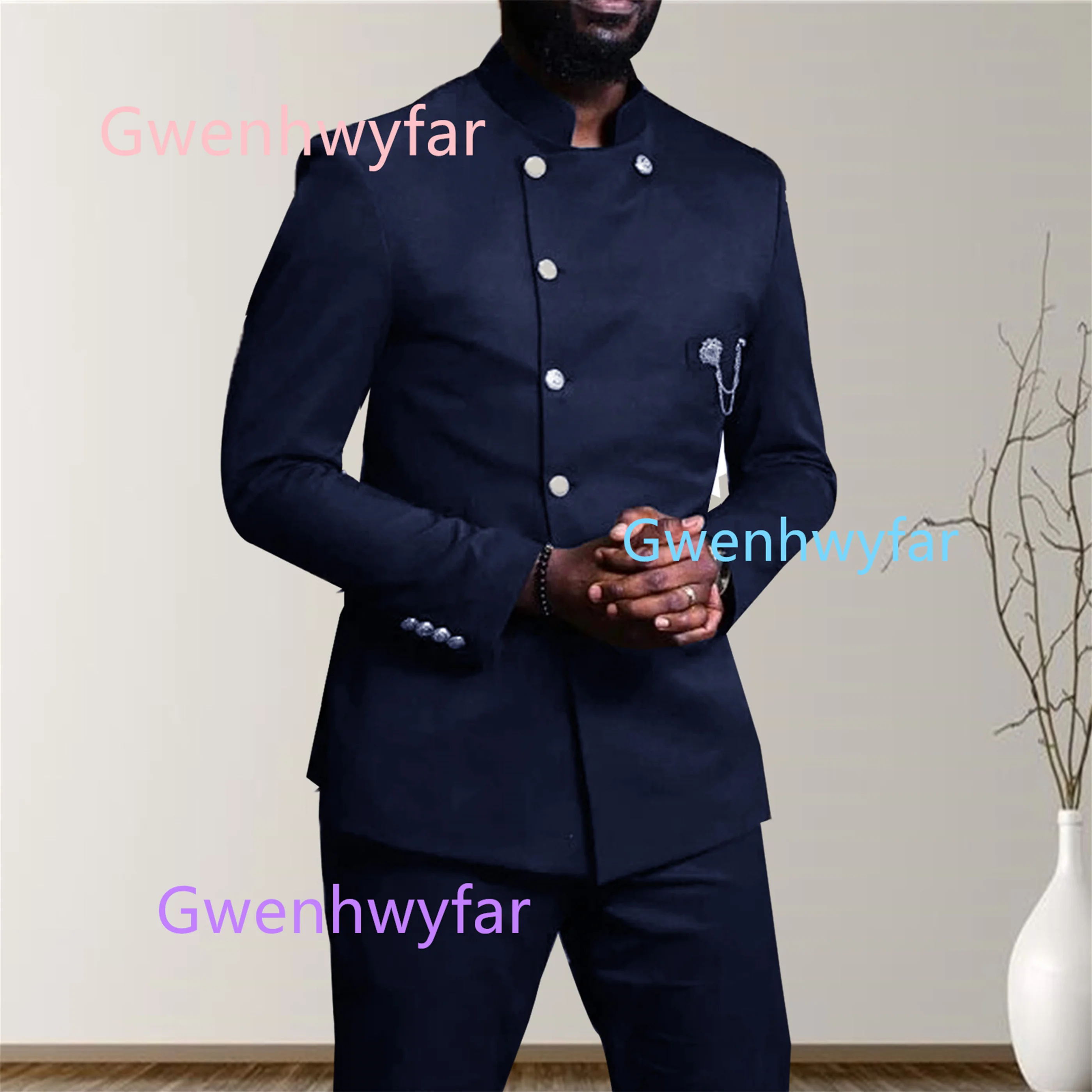 

G&N Элегантный мужской костюм-двойка темно-синего цвета 2025 года в африканском стиле с воротником-стойкой, куртка и брюки, повседневная офисная одежда для вечеринок, золотые металлические пуговицы