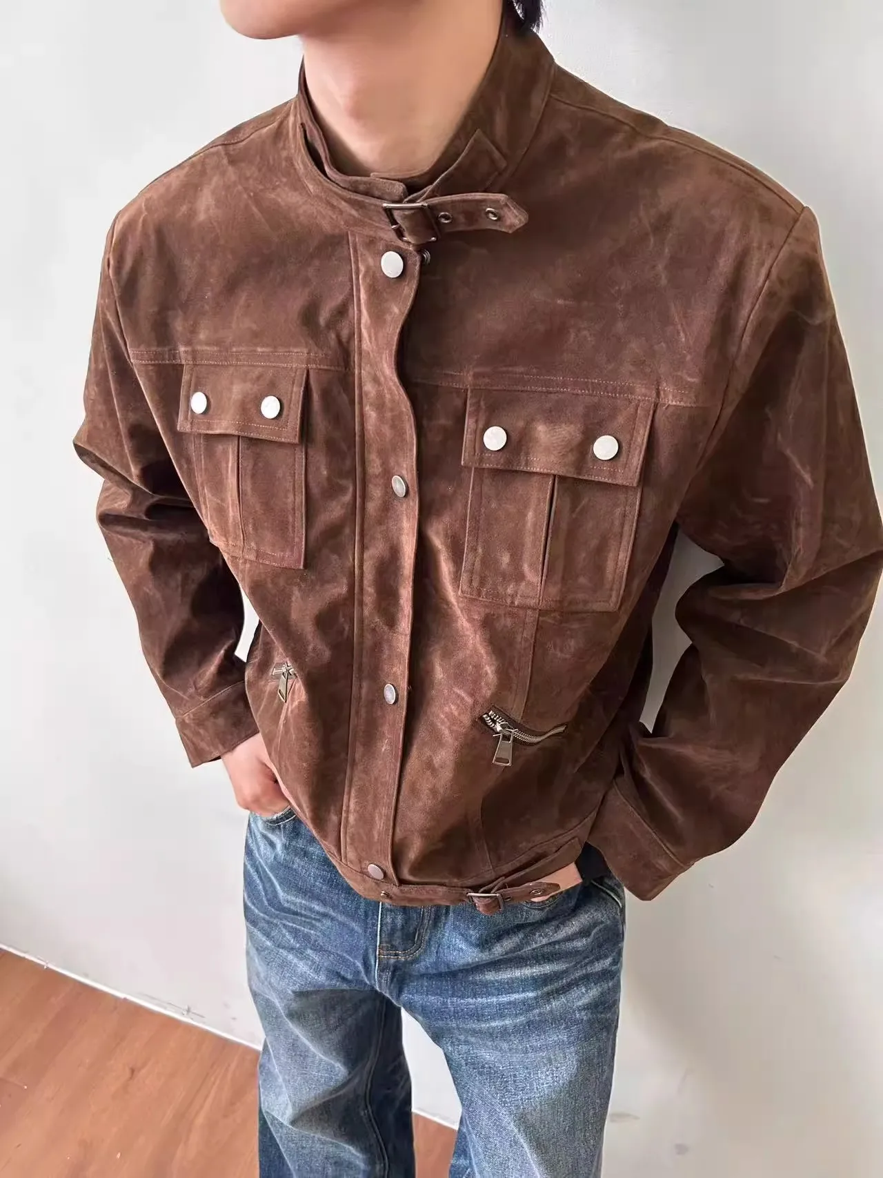 

Современная замшевая рабочая одежда в стиле ретро с воротником-стойкой для мужчин и женщин, молодежное повседневное модное ветрозащитное пальто