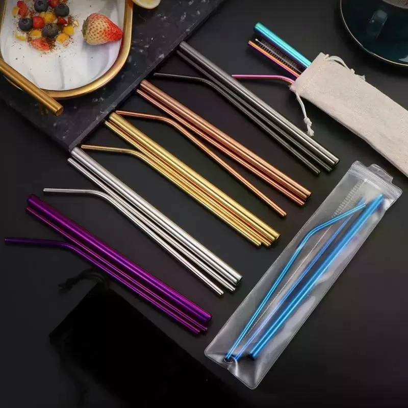 4PCS Stainless Steel Straw Reusable Metal Drinking Straw With Cleaner Brush For Home Party Barware Bar Accessories