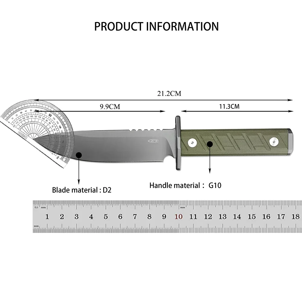 Hunting Fixed Blade D2 Blade G10 Handle EDC Jungle Knife Camping Tool with Kydex Sheath Self Defense Tactical Military Knife