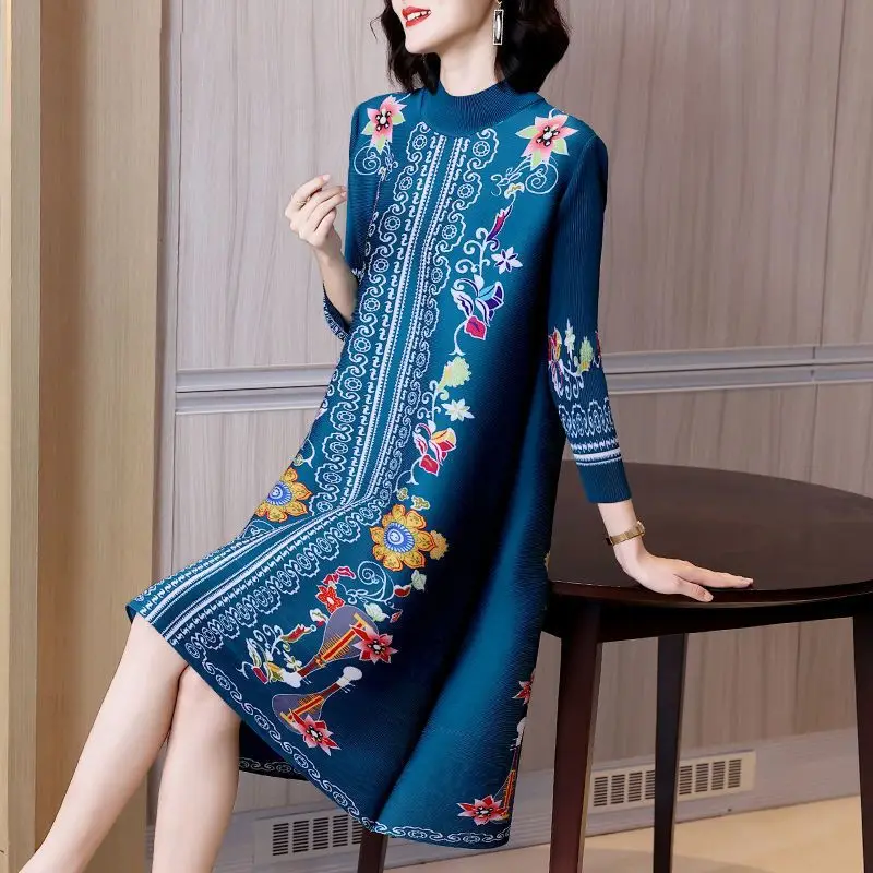 

Temperament celebrity printed pleated dress summer women's new 2026 foreign style retro loose nine-quarter sleeves