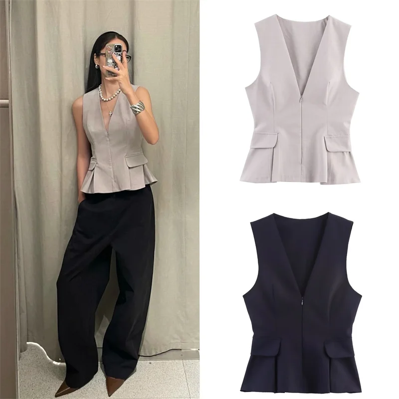 

Женский топ, новинка лета 2025 года, однотонная короткая юбка без рукавов с v-образным вырезом, топ с подолом, модный индивидуальный индивидуальный вариант