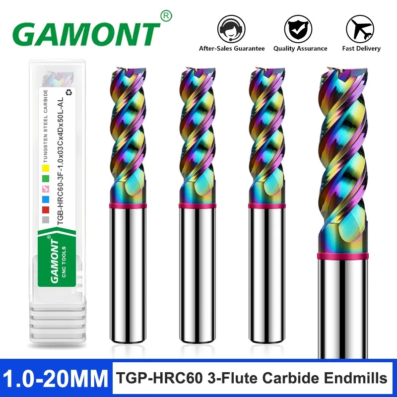 GAMONT TGP-HRC60 3-Flute Color Circle DLC-Coating Tungsten Steel Carbide Aluminum Flat End Endmills CNC Machining Milling Cutter