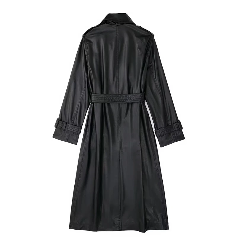 Spring Autumn Oversized Cool Black Long Leather Trench Coat for Women Belt Long Sleeve Loose European Fashion 2024