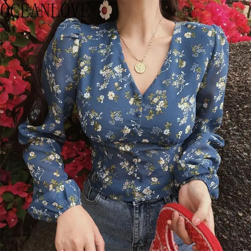 

OCEANLOVE Chiffon Blouses Print Floral V Neck Vintage Spring Autumn Women Shirts Korean Fashion Chic Elegant Blusas Mujer