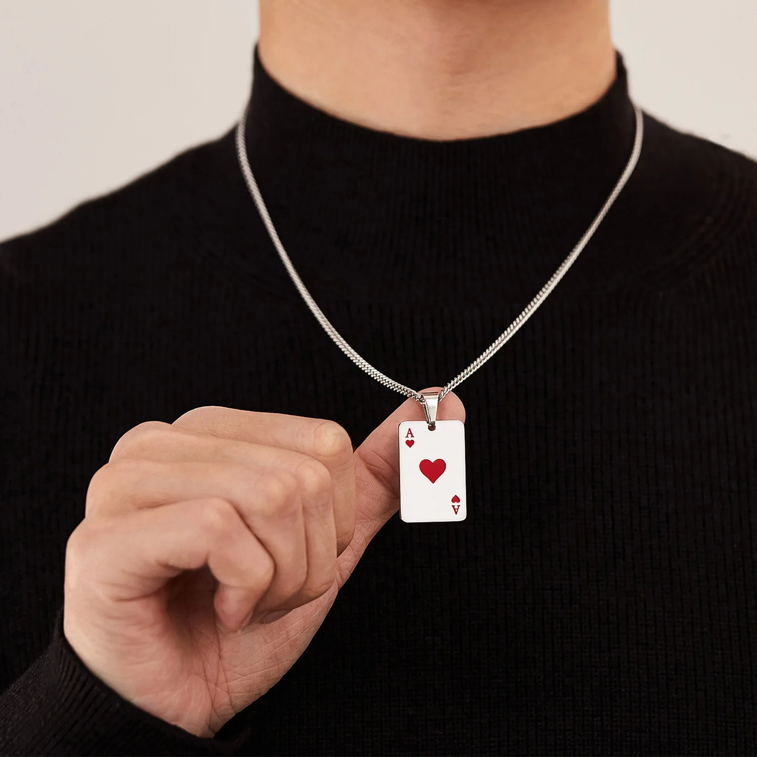 Hip Hop Stainless Steel Poker Card Ace of Spades Necklace For Men Pendant Chain Playing Cards Jewelry Ace of Hearts Necklaces