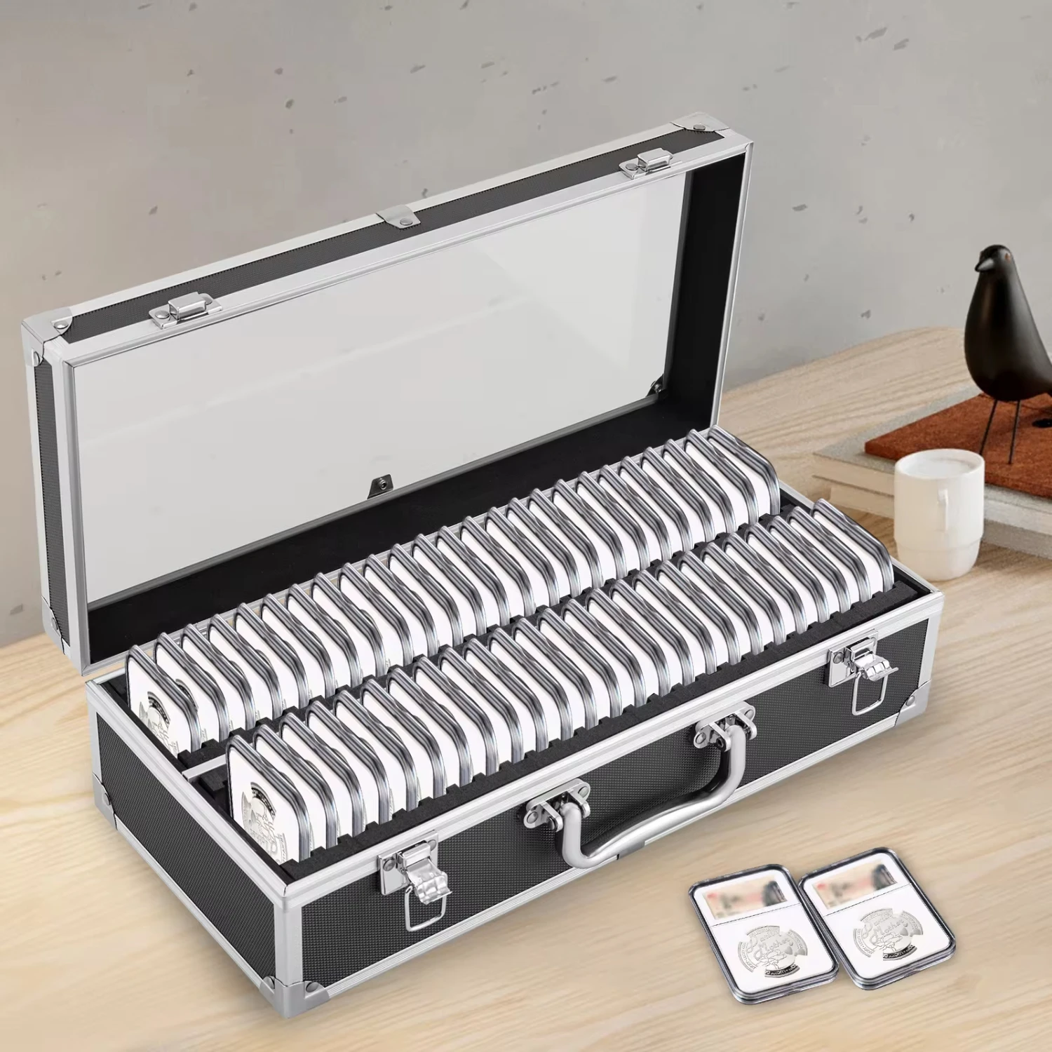 Black Aluminum  & Display Box Case Holds 50 Coin, Coin Slab Holders, Coin Collector with 50 Slots Hot