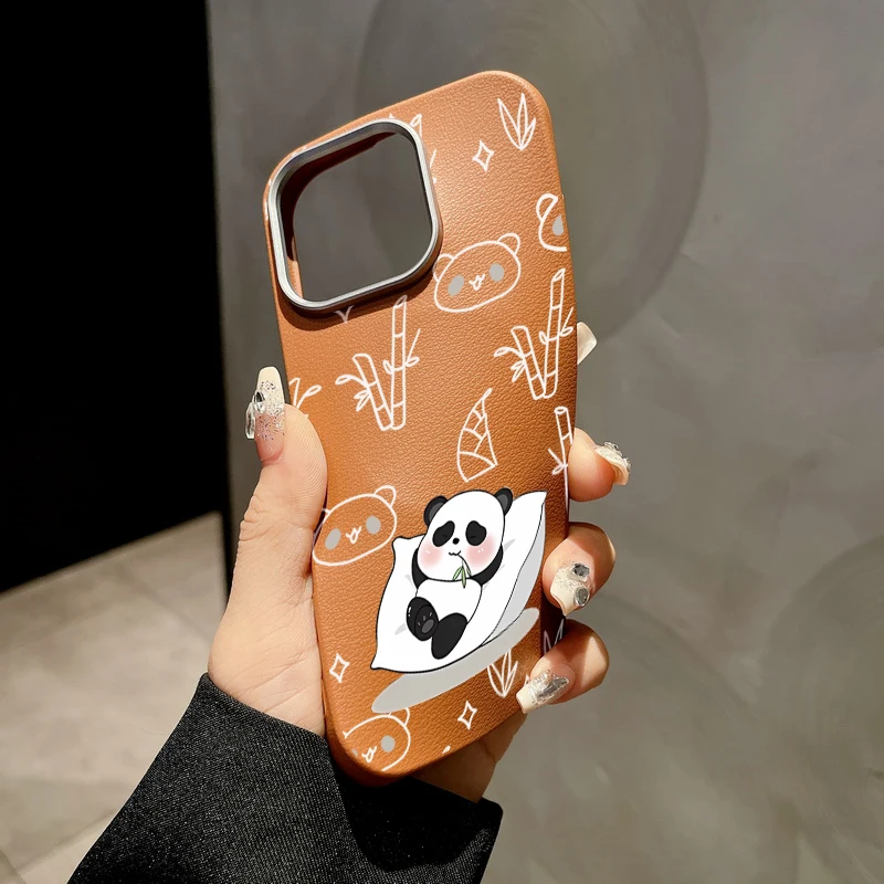 Funda blanda con textura de cuero para Magsafe, funda magnética con patrón de Panda para iPhone 16 15 14 Pro Max 16 15 Plus 13 12 Pro Max 11