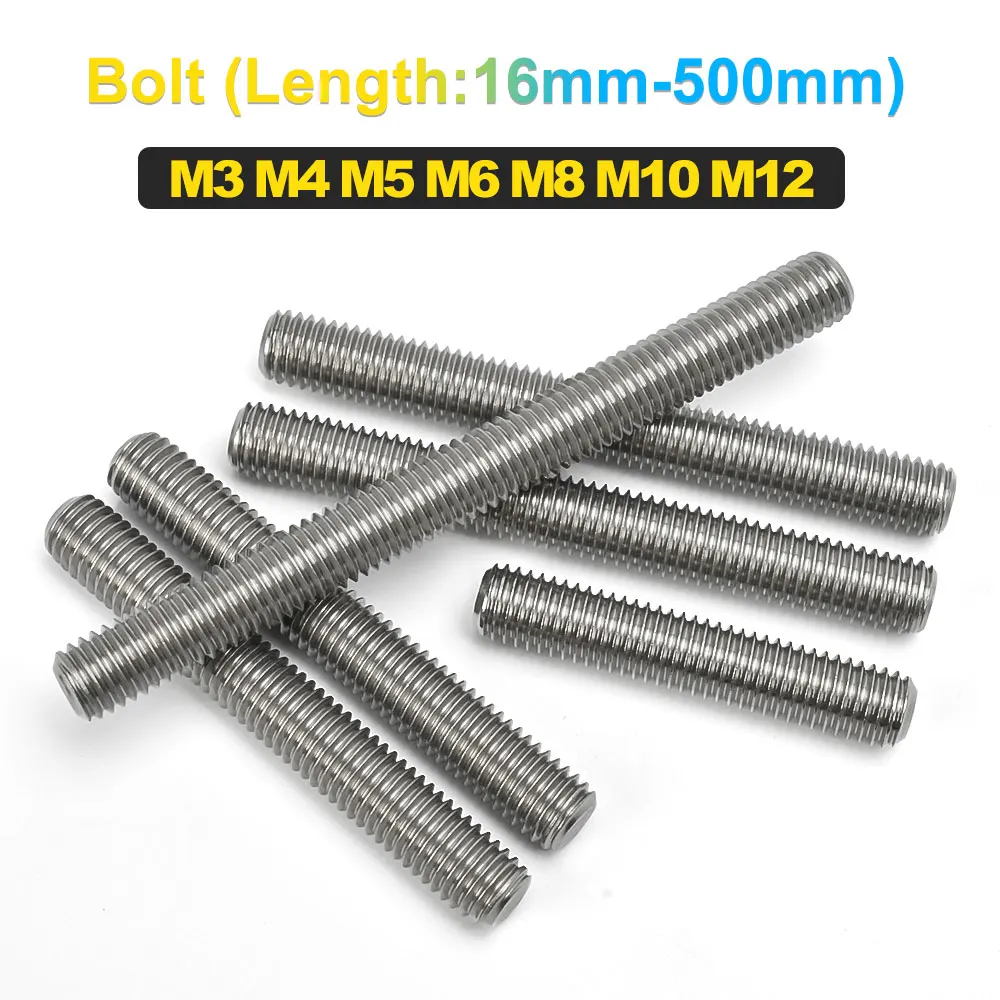 M3 M4 M5 M6 M8 M10 M12 304 Stainless Steel Full Threaded Rod Bolt Fully Metric Headless Thread Stud Rods Screws Length16mm-500mm