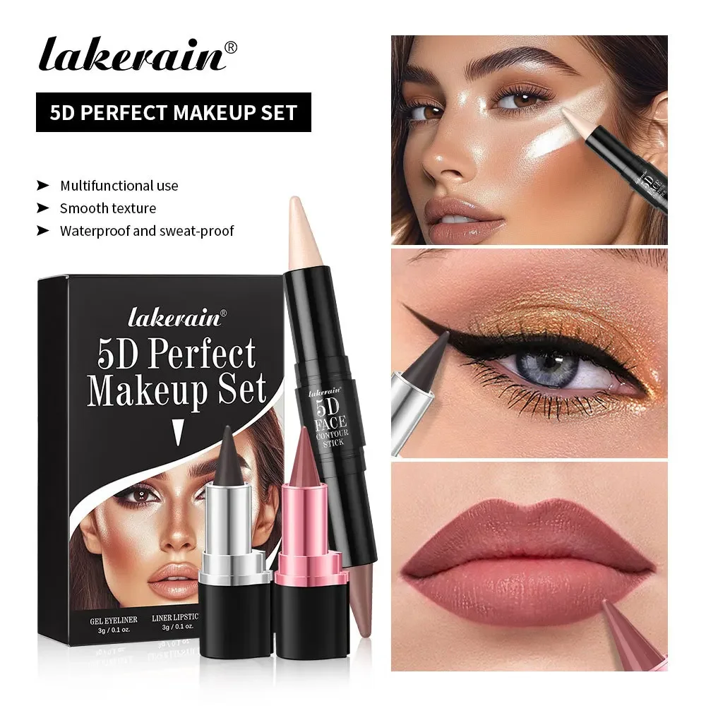 Lakerain Multiple Functions 5d Perfect Makeup Set Matte Velvet Contour & Lip Liner & Eyeliner Long Lasting Waterproof Sweatproof