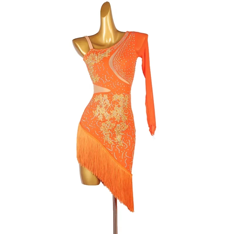 

Orange Latin Dance Professional Dress One Sleeve Glitter Performance Dancewear Women Rumba Samba Competition Stage Wear VDL3429
