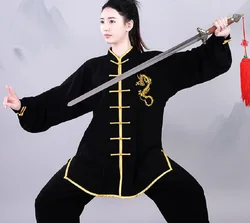 Wholesale New Chinese Men Women Kung Fu Suits Embroidered Golden Dragon Long Sleeve Tai Chi Martial Art Uniform Clothing Set