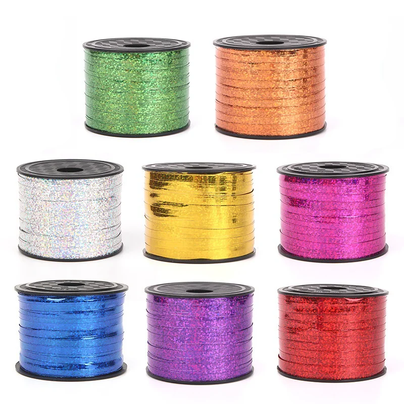 

100Yards/Roll 5mm Plastic Laser Satin Ribbon Metallic Balloon Ribbon Tie For DIY Crafts Gift Wrapping Bouquet Wedding Decoration