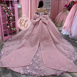 Romantic Pink Off The Shoulder Corset Mexican Quinceanera Dress 2024 Ball Gown Prom Party Gown Appliques Lace Vestido De XV Anos