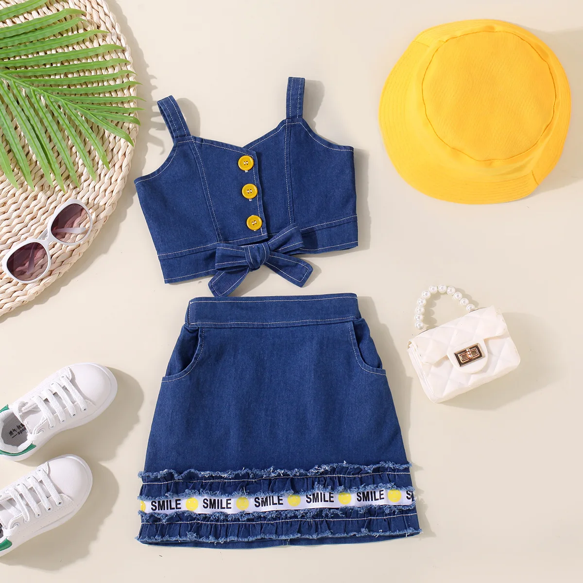 

Girls Clothing Sets Dress Summer 2023 Children Denim Sleeveless Tops Skirts Hat 2pcs Beach Suit For Baby Girl Coatume Kid Outfit