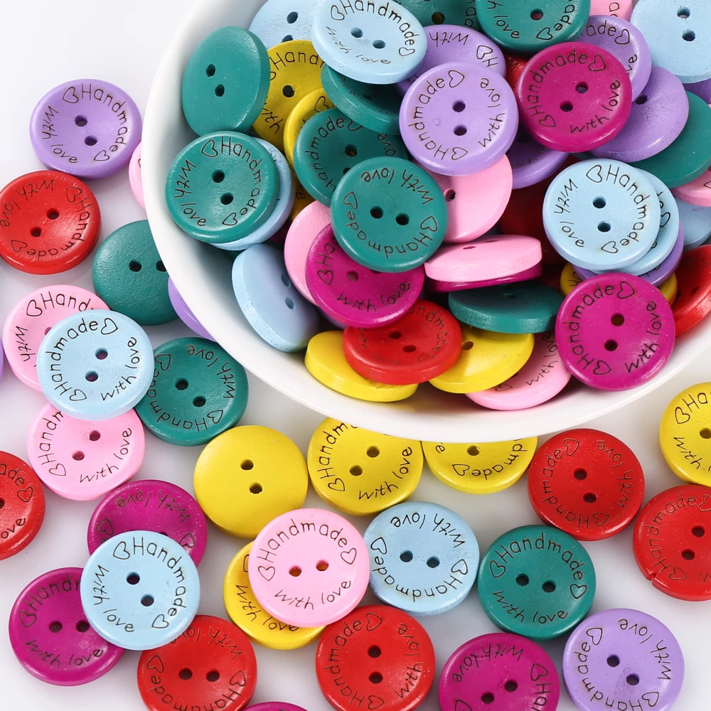 50Pcs/lot Wood Buttons Random Mixing Arts Crafts Round Button Handmade with Love DIY Accessories Gift