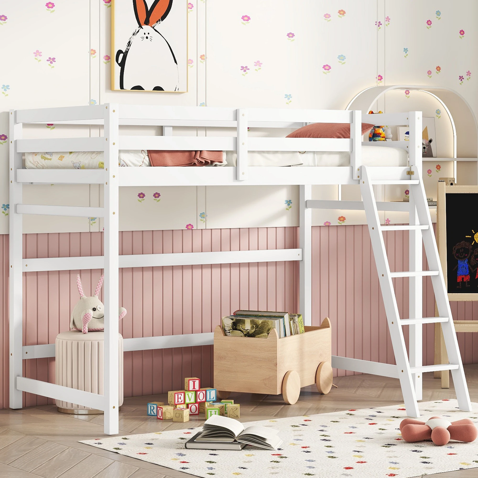 Twin Size High Loft Bed with inclined Ladder, Guardrails