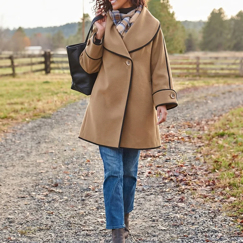 Temperament Single Button Splice Jacket Chic Contrasting Color Edging Office Coat Comfortable Autumn Lapel Long Sleeved Outwear