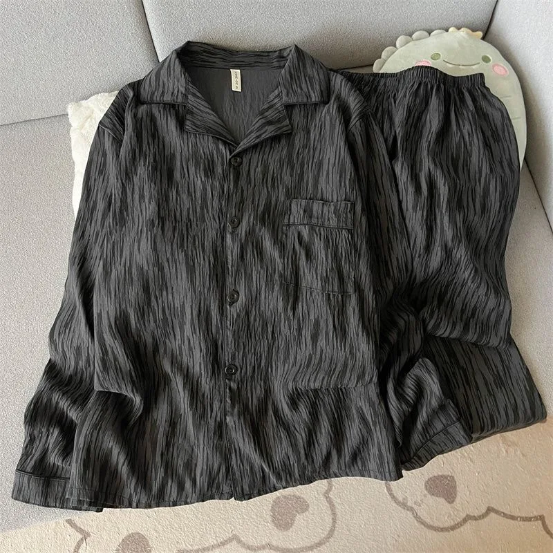 

Cloud Cotton Men's Sleepwear Set Casual Loose Fit Long Sleeve round Neck Home Comfort Suit Spring Autumn Dark Pattern Design