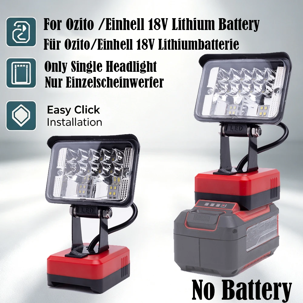 Image of 1 Stück tragbare LED-Arbeitsleuchte, kompatibel mit Ozito 18V und Einhell Lithium-Ionen-Akku, mit USB-Anschluss, Outdoor-Notbeleuchtung für Werkstatt, Camping, kabellose, drehbare Einzelkopflampe
