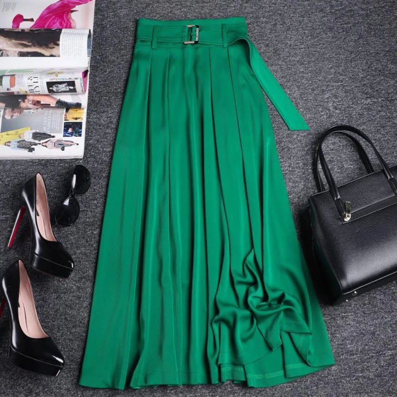 

Office Lady Green Long Skirt for Women A Line Belt High Waist Midi Skirt Female Elegant 2024 Summer Korean Simple Solid