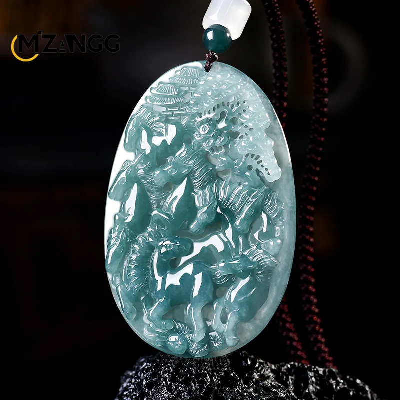 Natural Jadeite Blue Water Eight Horses Pendant Exquisite Luxurious Ice-grade Jade Necklace Men and Women Festivals Ideal Gift