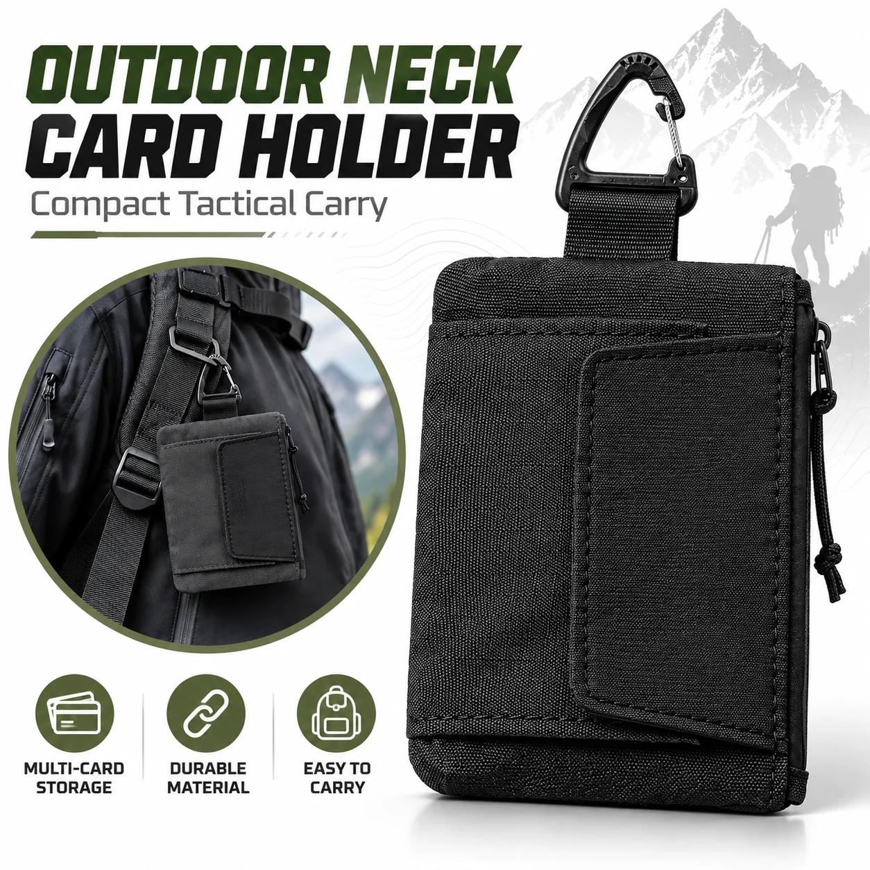 Outdoor Neck Card Holder Wallet with Lanyard Carabiner Zipper Pocket Mesh ID Badge Pouch for Travel Hiking Camping Daily Carry